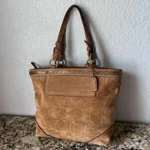 Coach Tan Suede Signature Tote with Leather Trim
